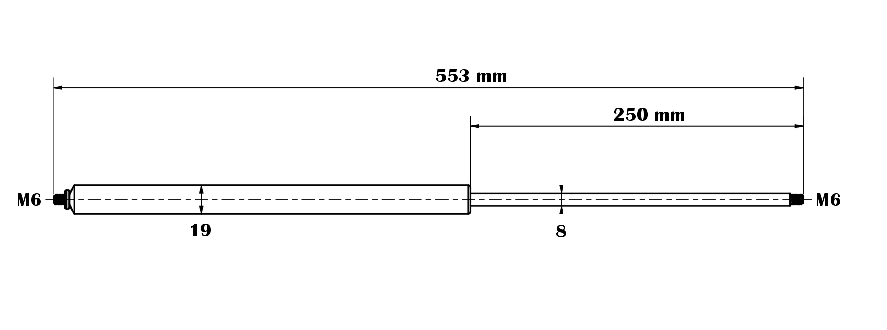 Gasdruckfeder 8/19-250-553-M6-M6 bis 800N