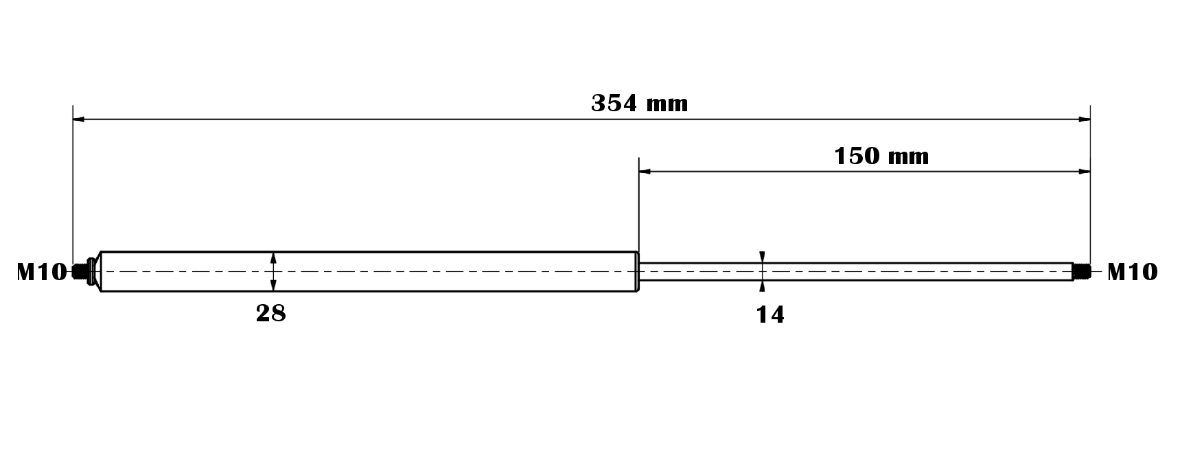Gas Spring 14/28-150-354-M10-M10 up to 2800N
