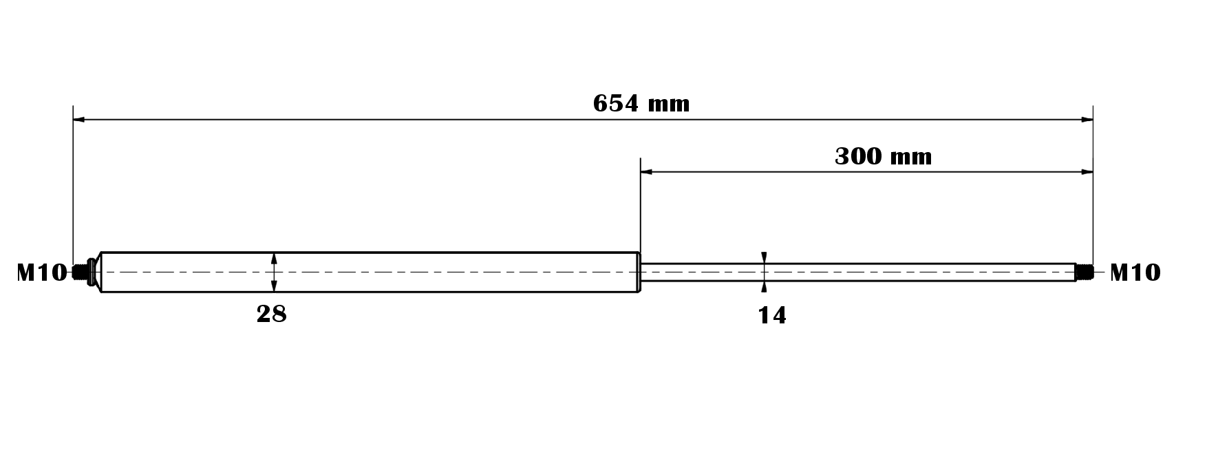 Gasdruckfeder 14/28-300-654-M10-M10 bis 2800N